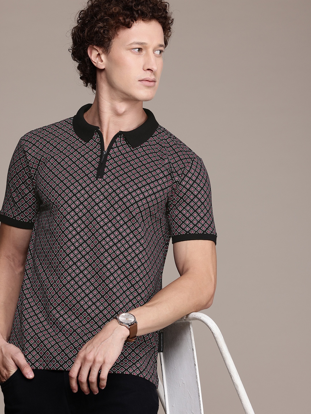 

French Connection Geometric Printed Polo Collar Pure Cotton T-shirt, Black