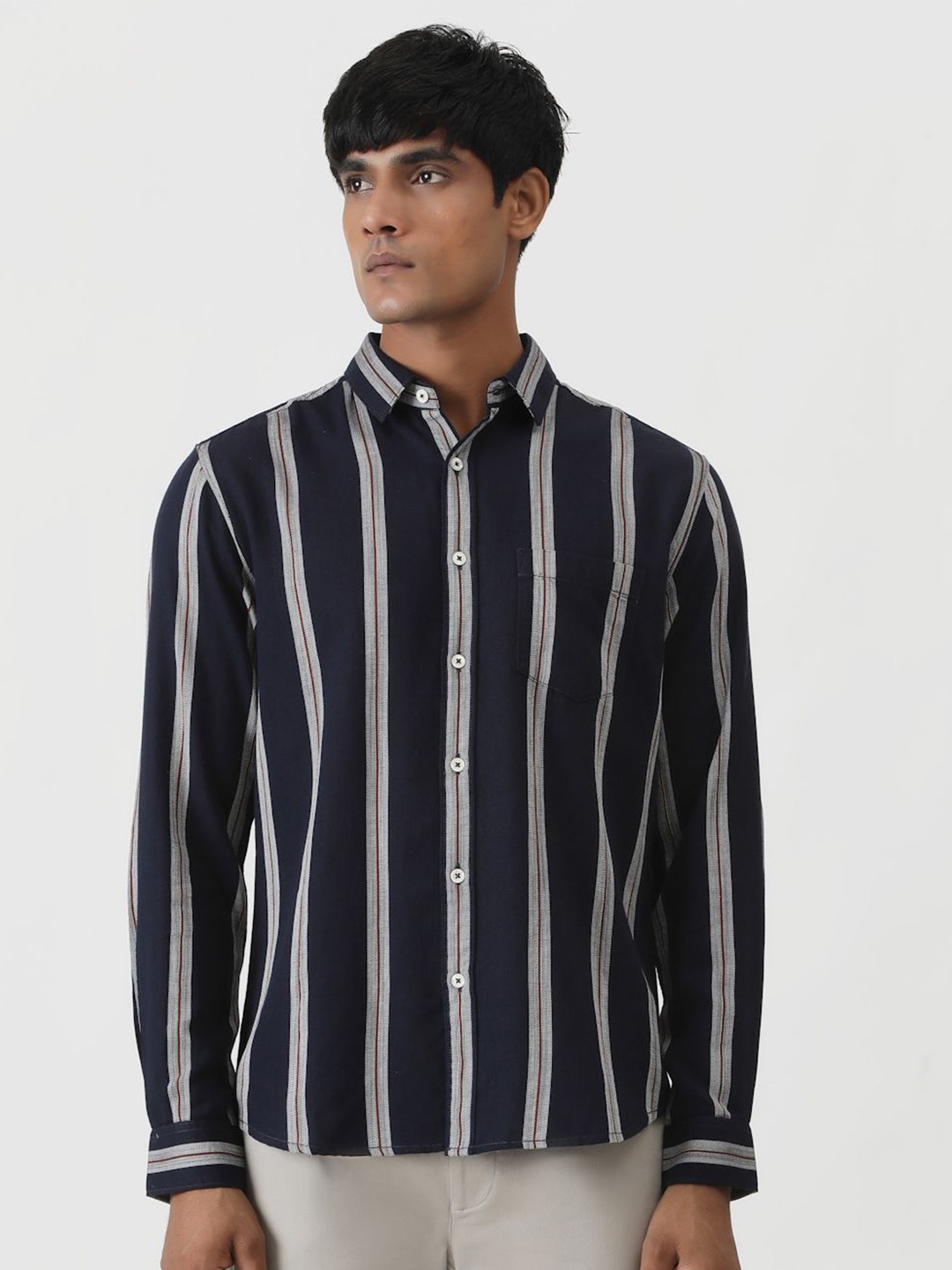 

Greenfibre Men Slim Fit Opaque Striped Casual Shirt, Navy blue