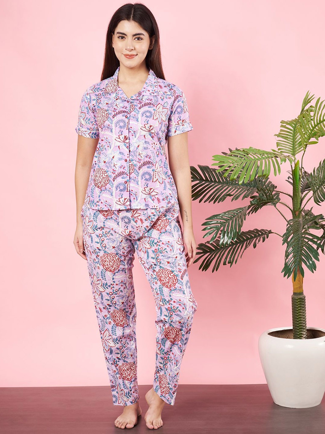 

HERE&NOW Women Pure Cotton Floral Printed Night suit, Purple