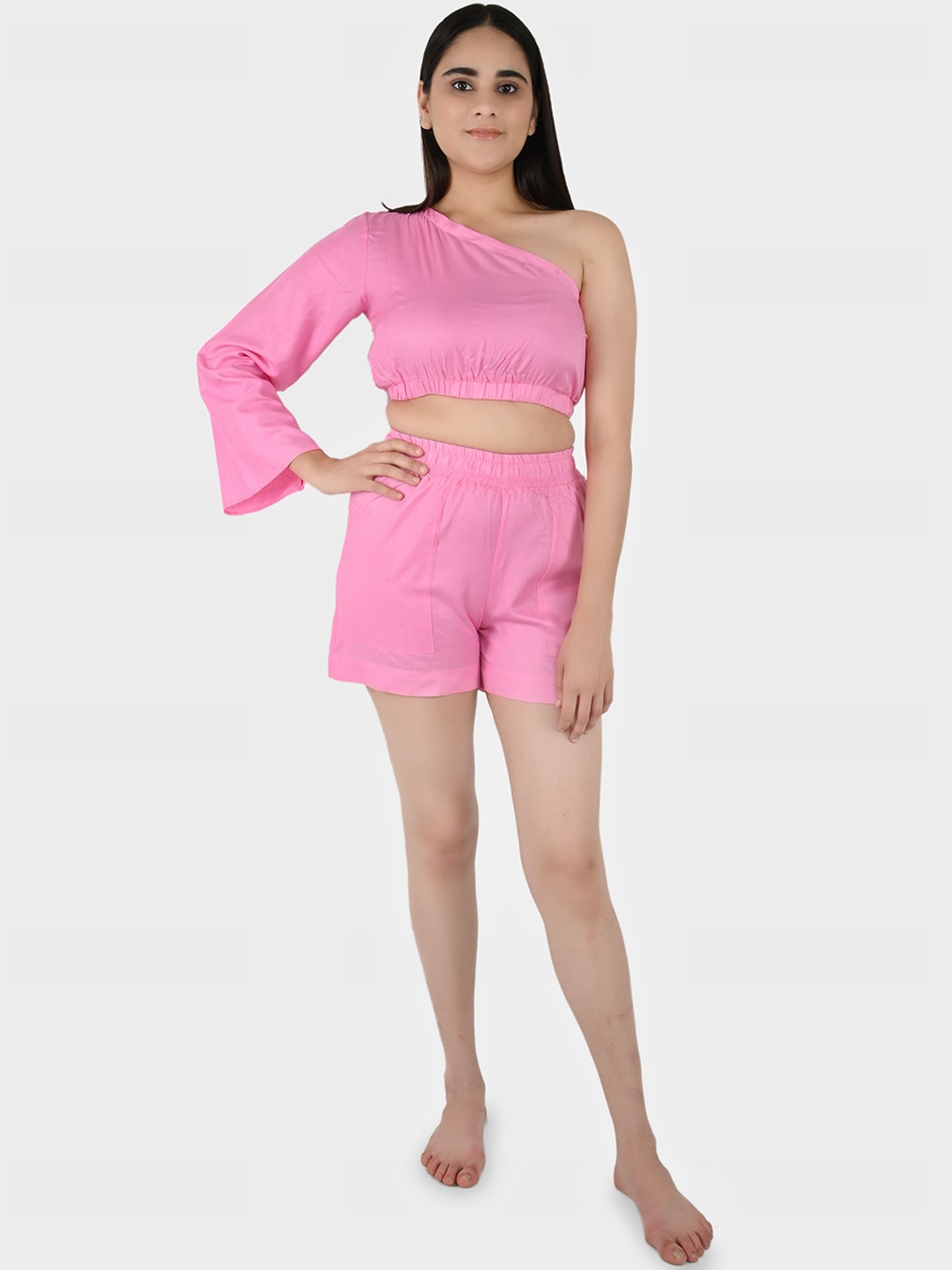 

Blissence One Shoulder Neck Long Sleeves Swimwear cover up Set, Pink