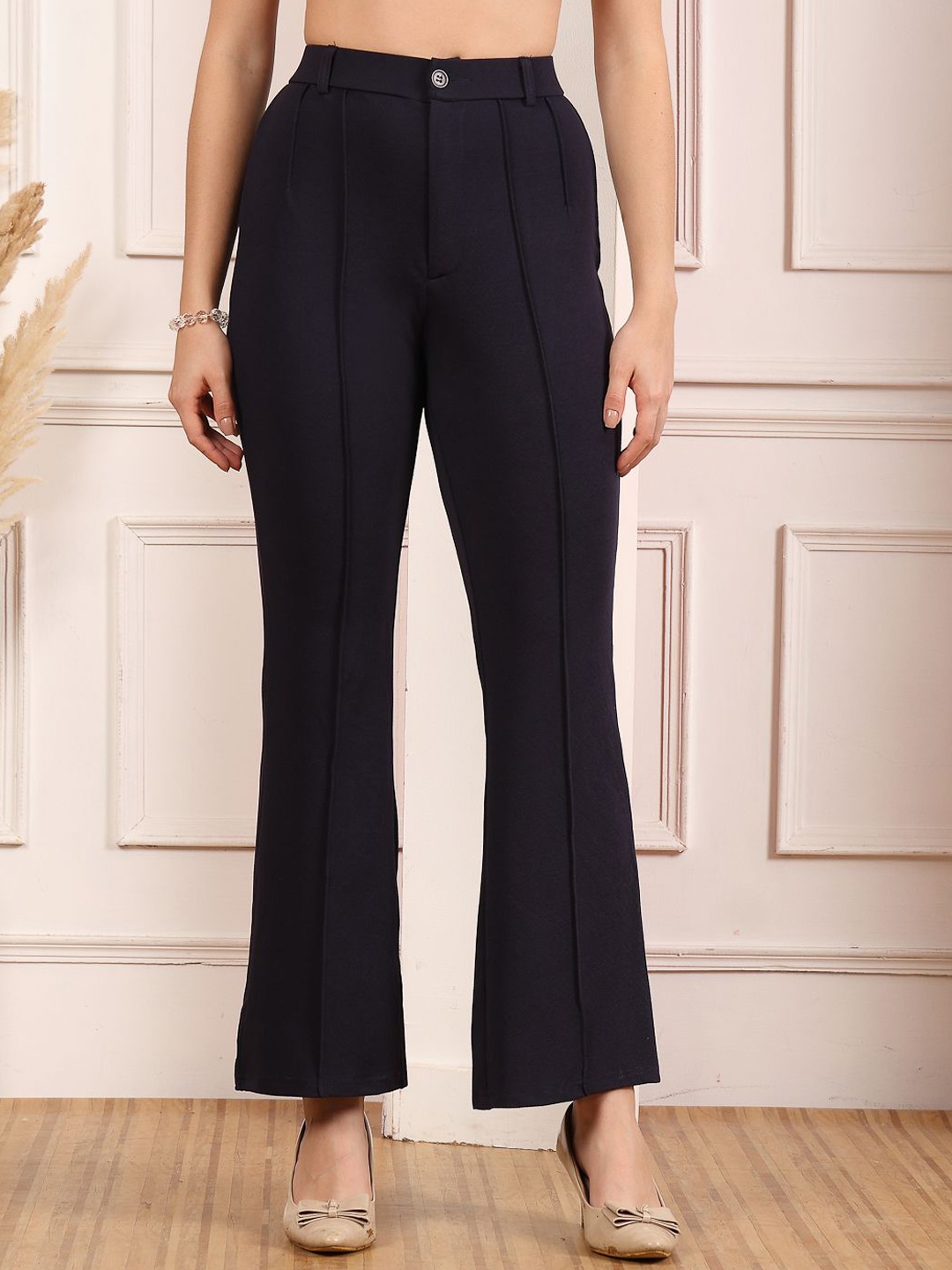 

aayu Women Wide Leg Flared High-Rise Pleated Trousers, Blue