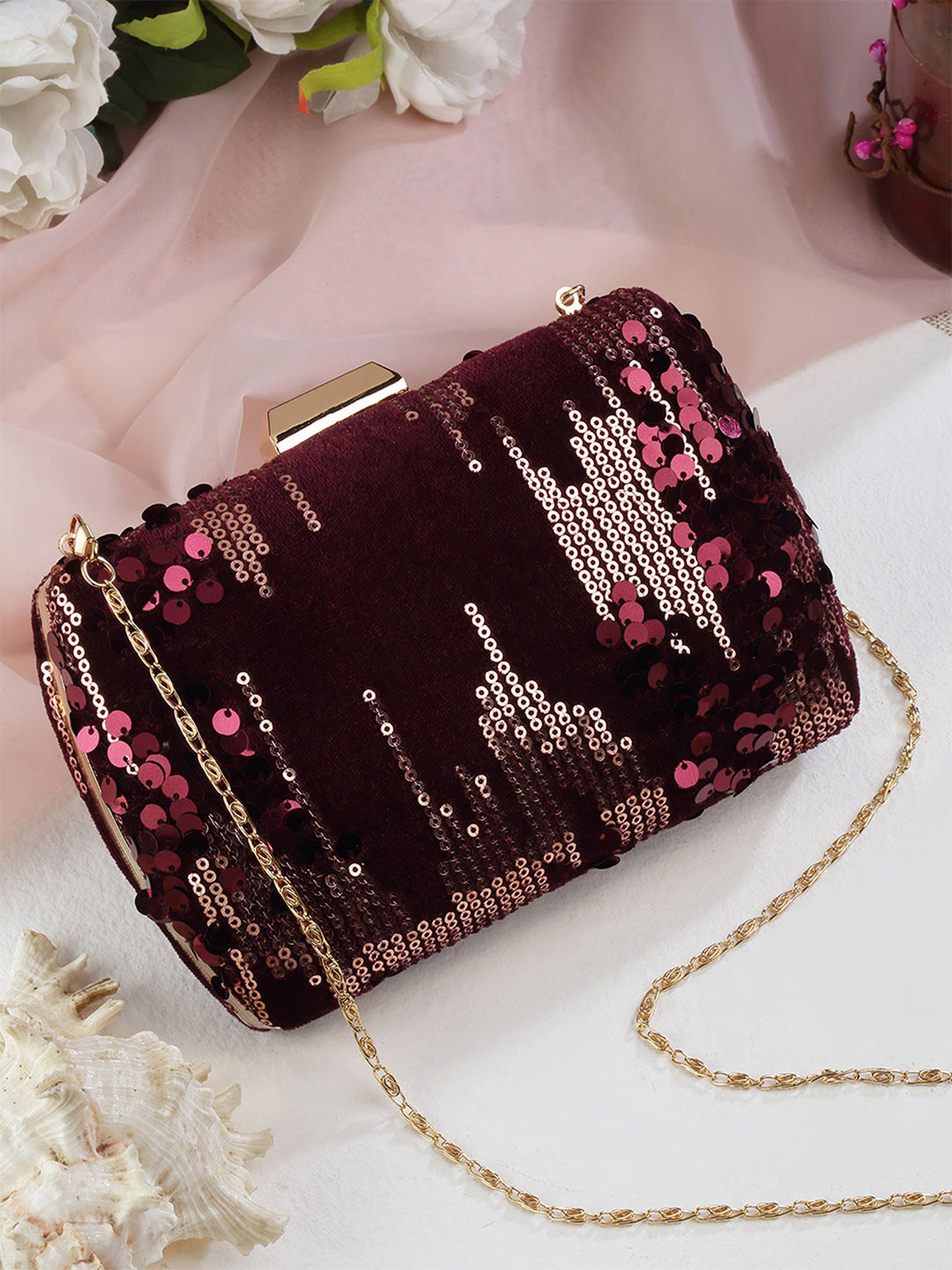

Bohey by KARATCART Embroidered Box Clutch, Maroon