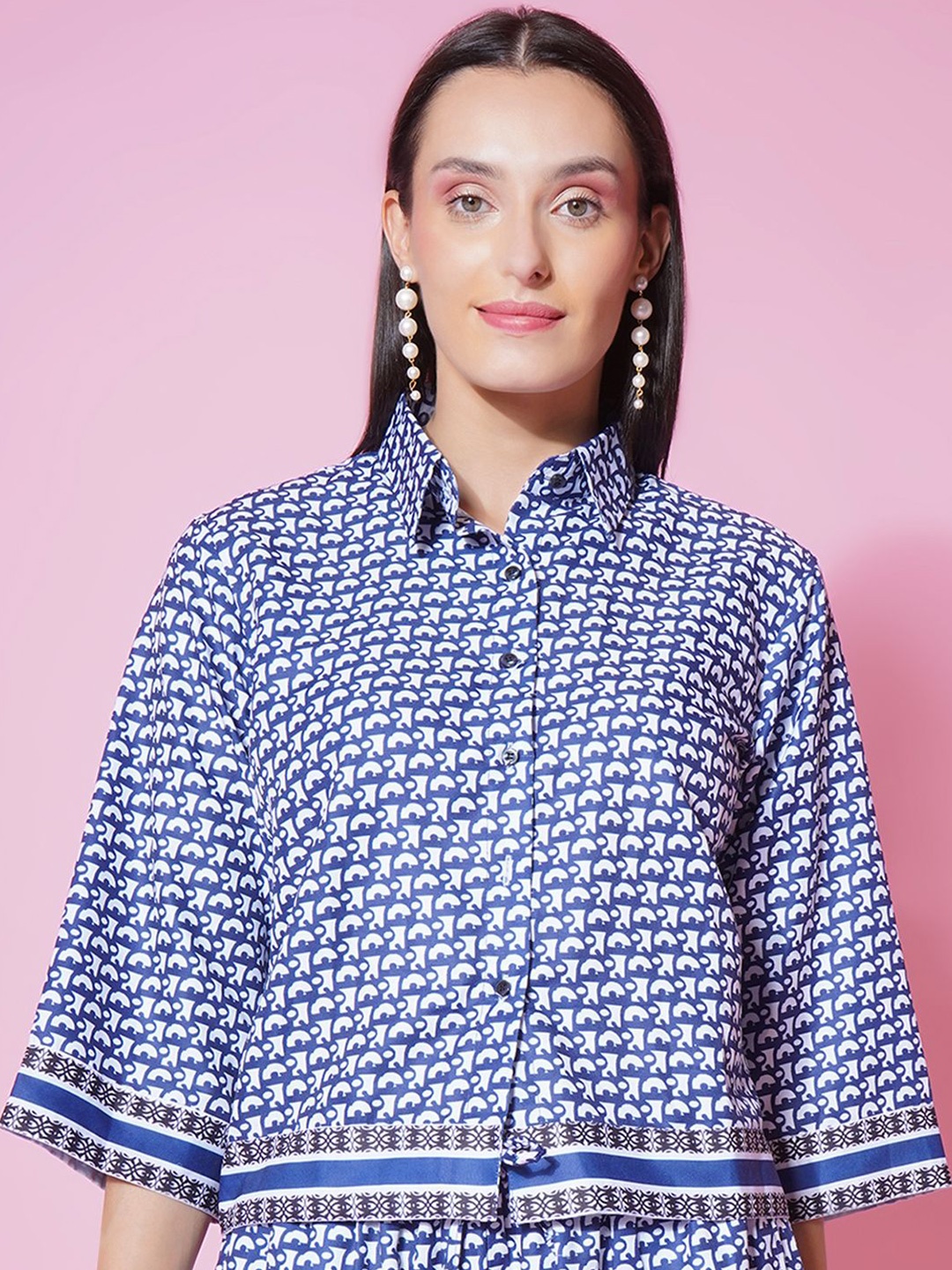 

KATLINE Women Opaque Printed Casual Shirt, Blue