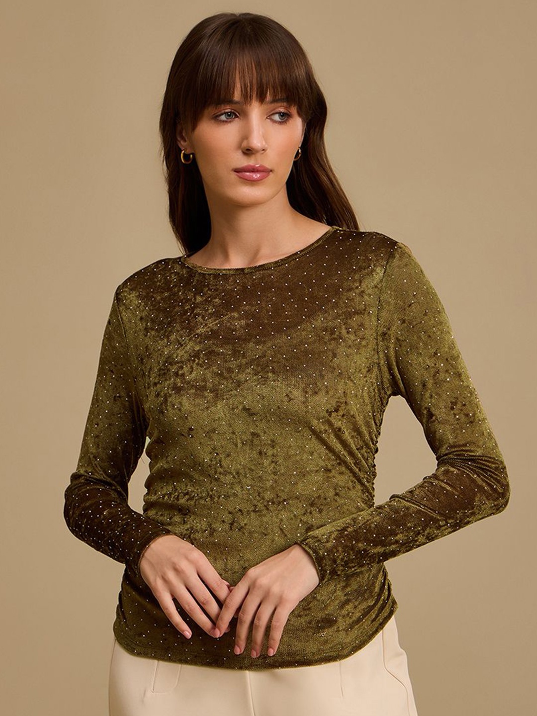 

Kazo Women Embellished Round Neck Long Sleeves Top, Green