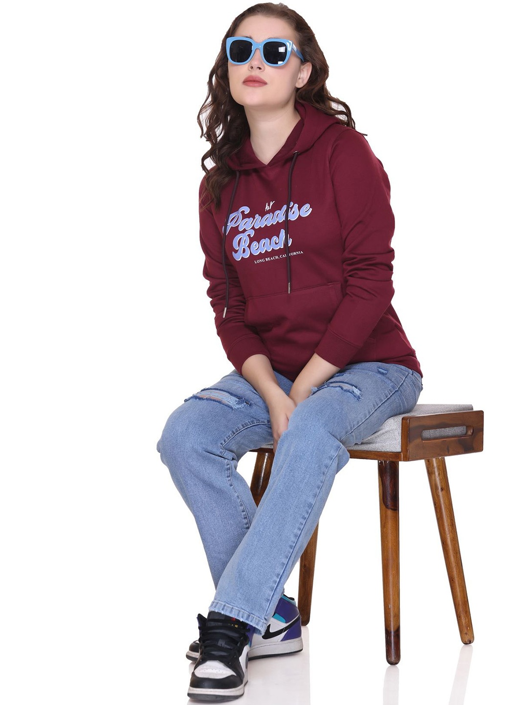 

A & Y Women Printed Long Sleeves Hooded Cotton Pullover Sweater, Maroon