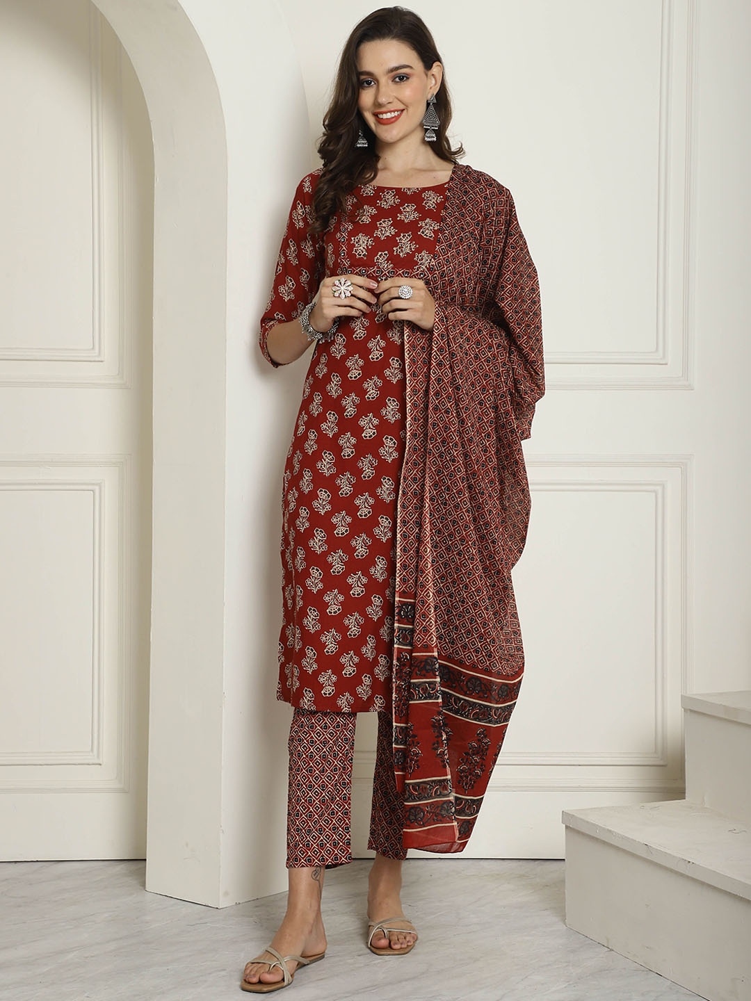 

Roly Poly Women Floral Printed Regular Pure Cotton Kurti with Trousers & With Dupatta, Maroon