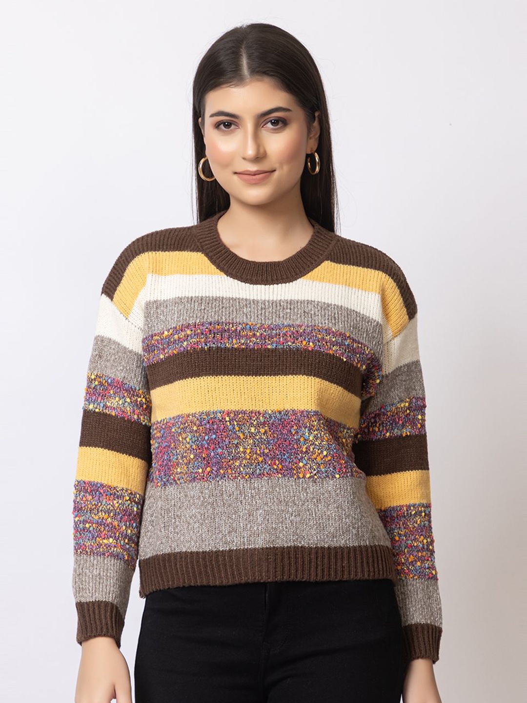 

Navsha Women Striped Round Neck Woollen Pullover, Brown