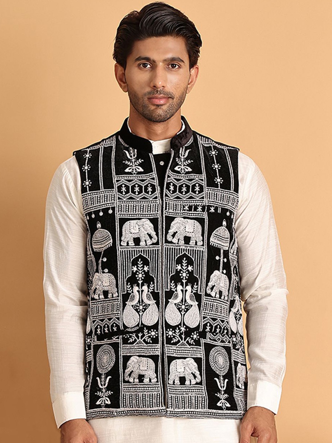 

Jompers Men Embroidered Nehru Jackets, Black