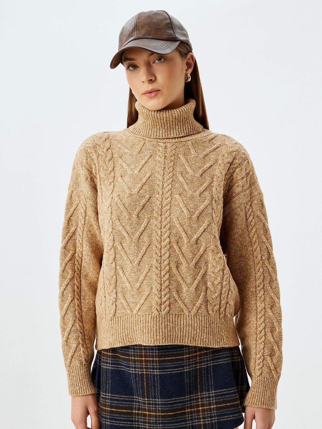 

Koton Women Self Design Cable Knit Turtle Neck Long Sleeves Pullover Sweaters, Camel brown