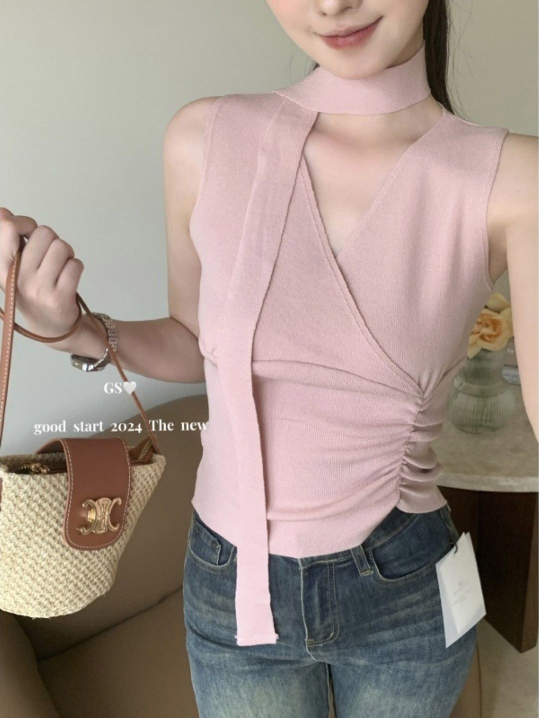 

KPOP Women V-Neck Sleeveless Top, Pink