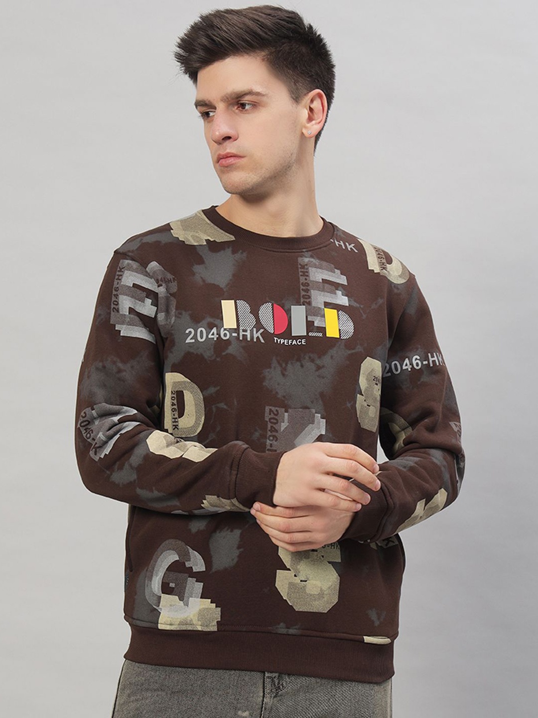 

PROFY Men Printed Round Neck Long Sleeves Sweatshirt, Brown