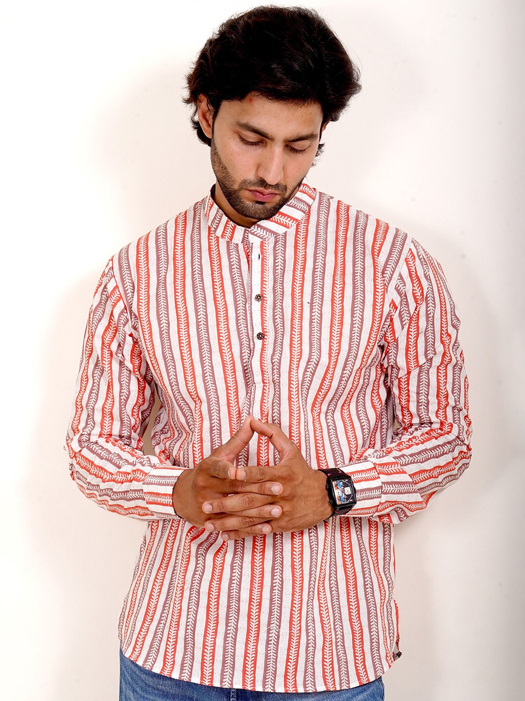 

The Kurta Studio Striped Mandarin Collar Pure Cotton Straight Short Kurta, Red