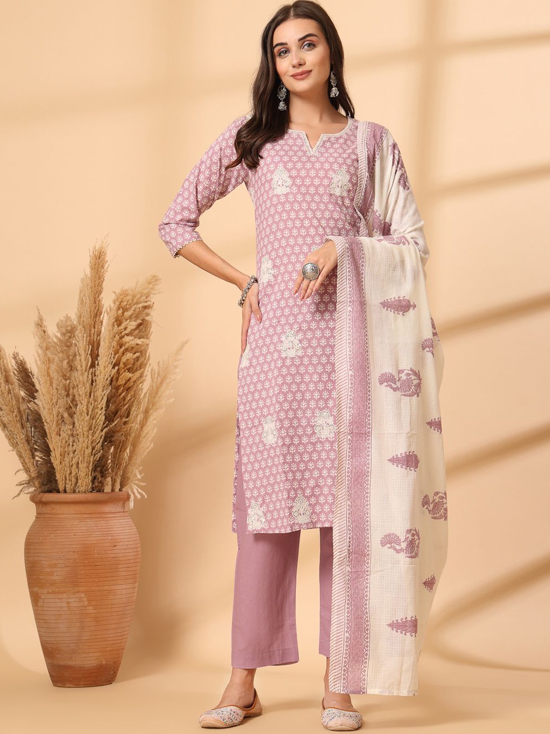 

Shangri LA MS Designs Women Ethnic Motifs Printed Regular Sequinned Pure Cotton Kurta with Trousers & With, Purple