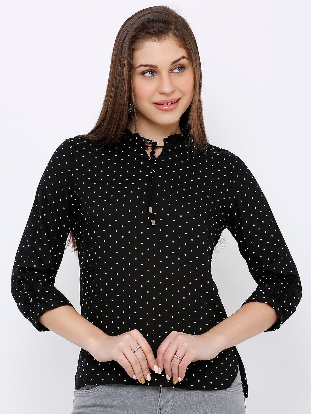 

Kraus Jeans Women High Neck Polka Dot Printed Top, Black