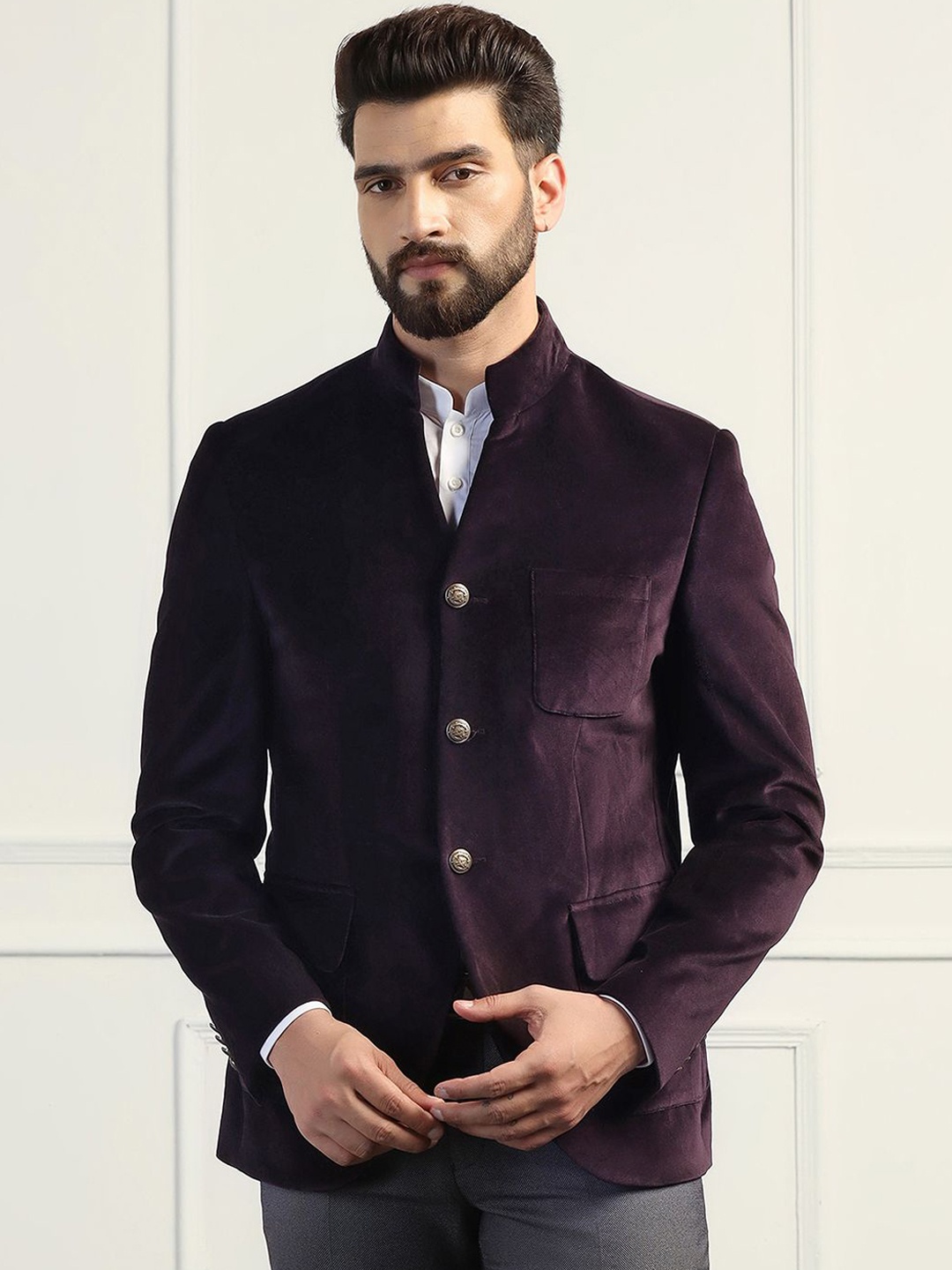 

Blackberrys Men Slim-Fit Bandhgala Blazer, Purple