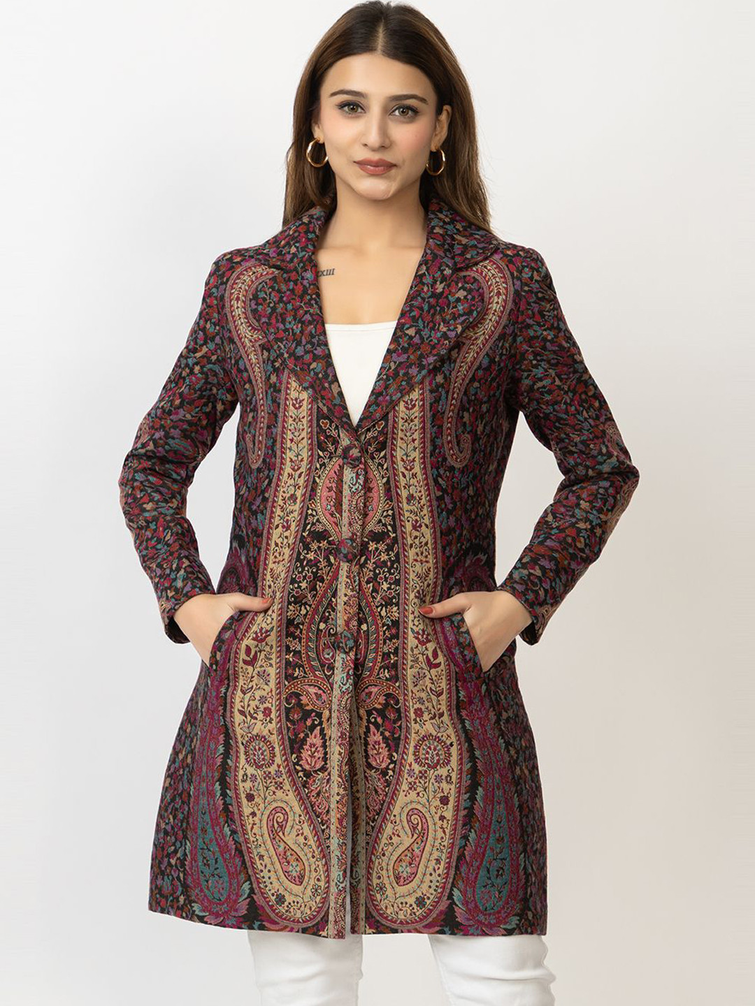

Pampara Women Self Design Single Breasted Overcoat, Red