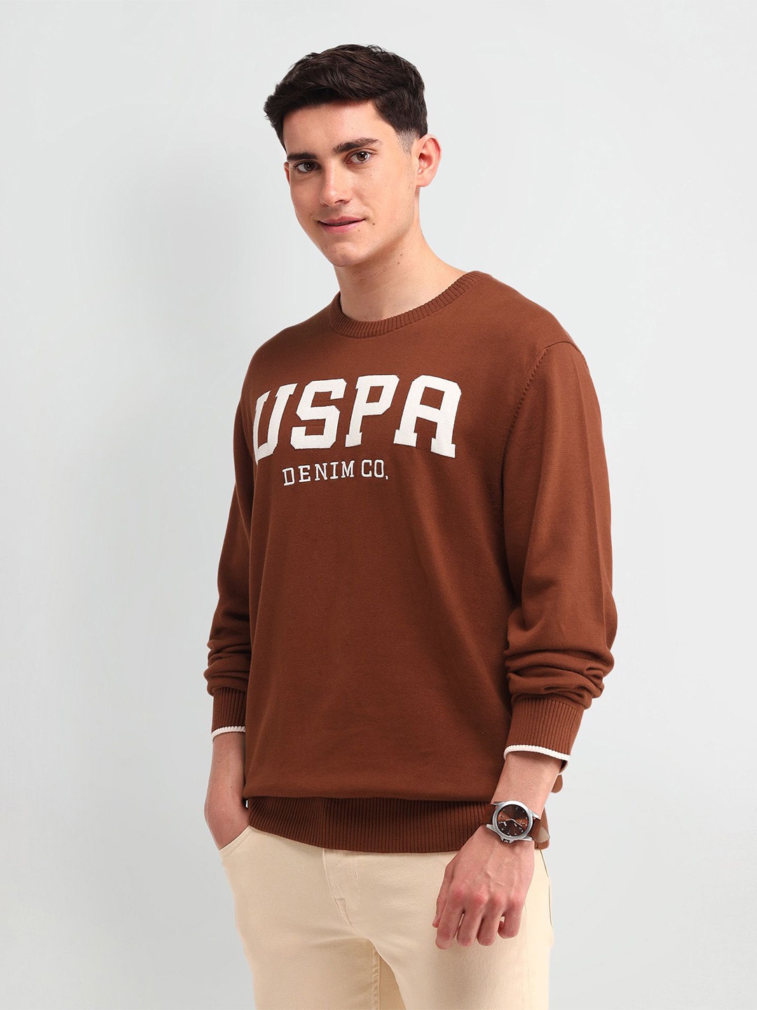 

U.S. Polo Assn. Denim Co. Men Printed Cotton Round Neck Long Sleeves Pullover Sweater, Brown