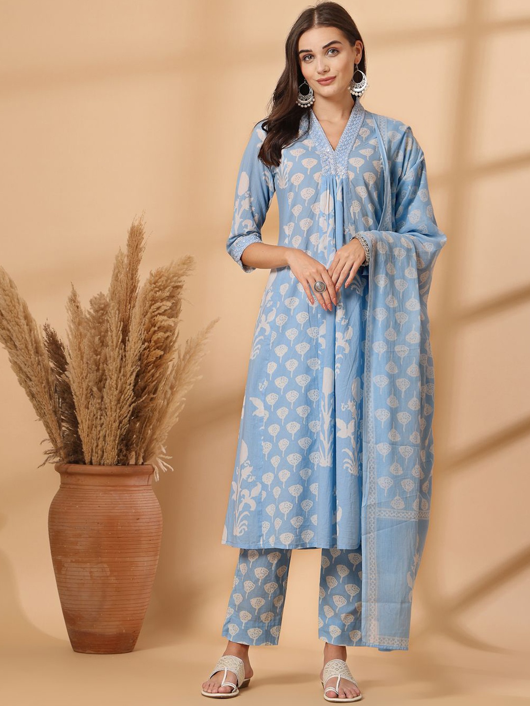 

Shangri LA MS Designs Women Floral Regular Mirror Work Pure Cotton Kurta with Trousers & With Dupatta, Blue