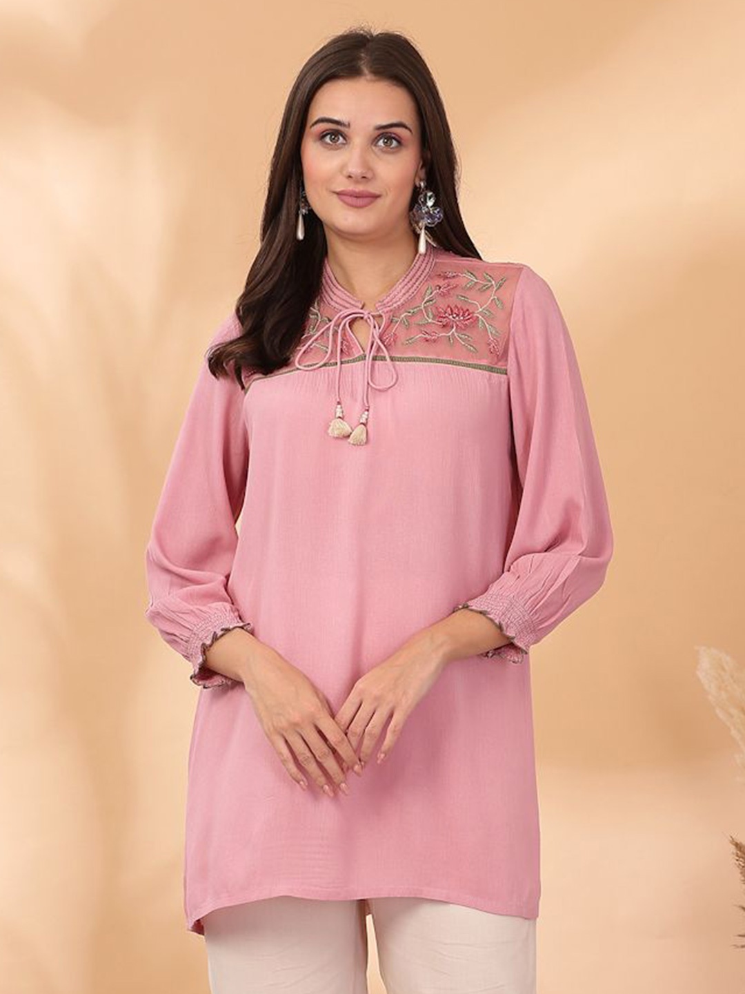 

Nayam By Lakshita Women Embroidered Tie-Up Neck Tunic, Pink