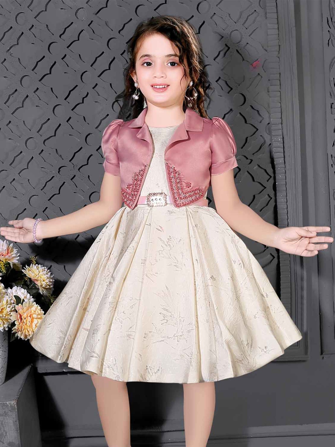 

Lagorii Girls Round Neck Fit & Flare Dress With Overcoat, Pink
