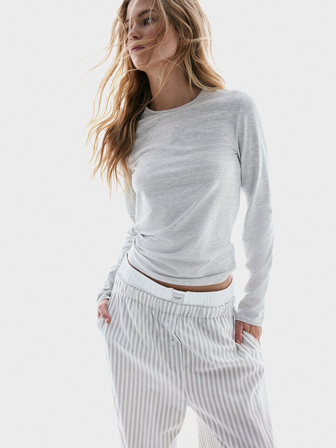 

H&M Women Striped Pure Cotton Night Suit, Grey