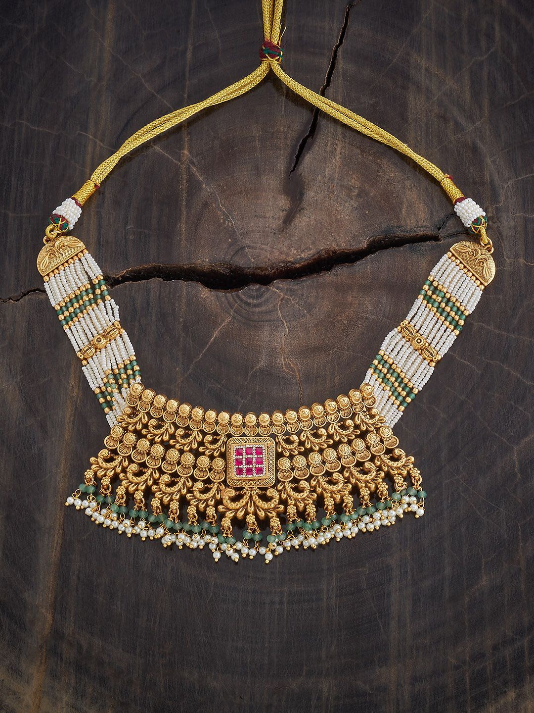 

Kushal's Fashion Jewellery Gold-Plated Stone Studded & Beaded Antique Necklace