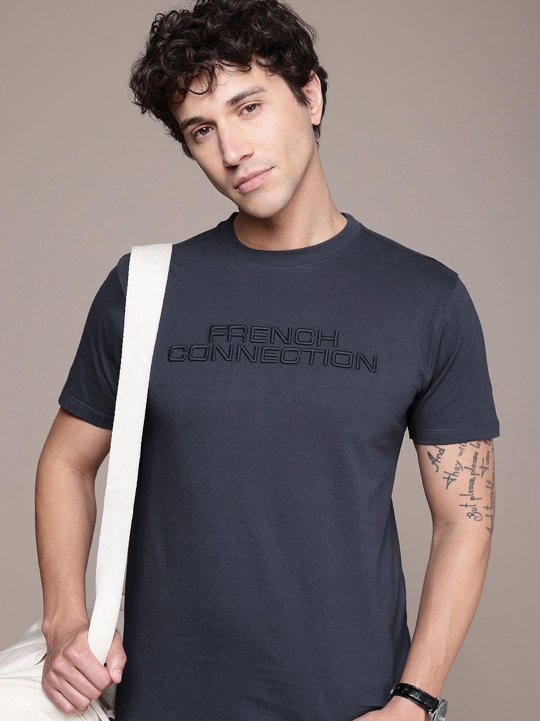 

French Connection Brand Logo Embroidered Pure Cotton T-shirt, Navy blue