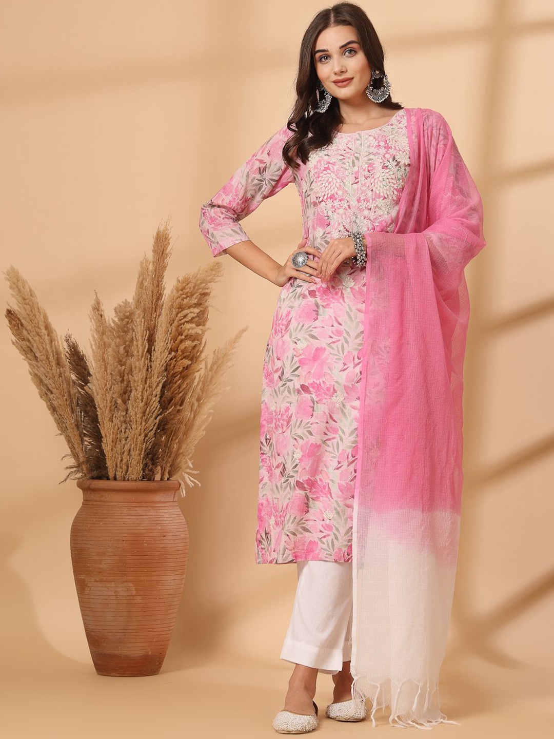 

Shangri LA MS Designs Women Floral Printed Regular Chikankari Pure Cotton Kurta with Trousers & With Dupatta, Pink