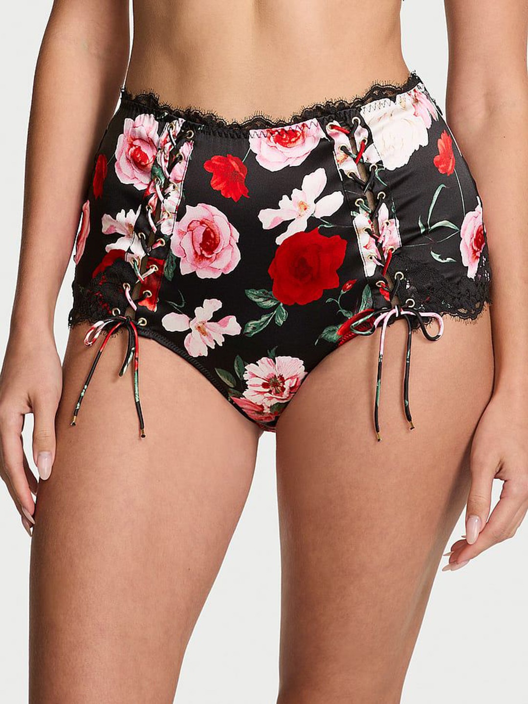 

Victoria's Secret Women Floral Printed Satin Lace-Trim High-Waist Basic Briefs, Black