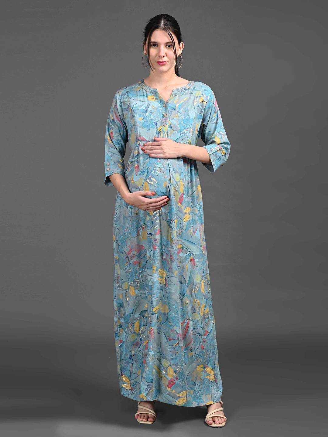 

GOLDSTROMS Women Printed V-Neck Three-Quarter Sleeves Maternity Maxi Dresses, Blue