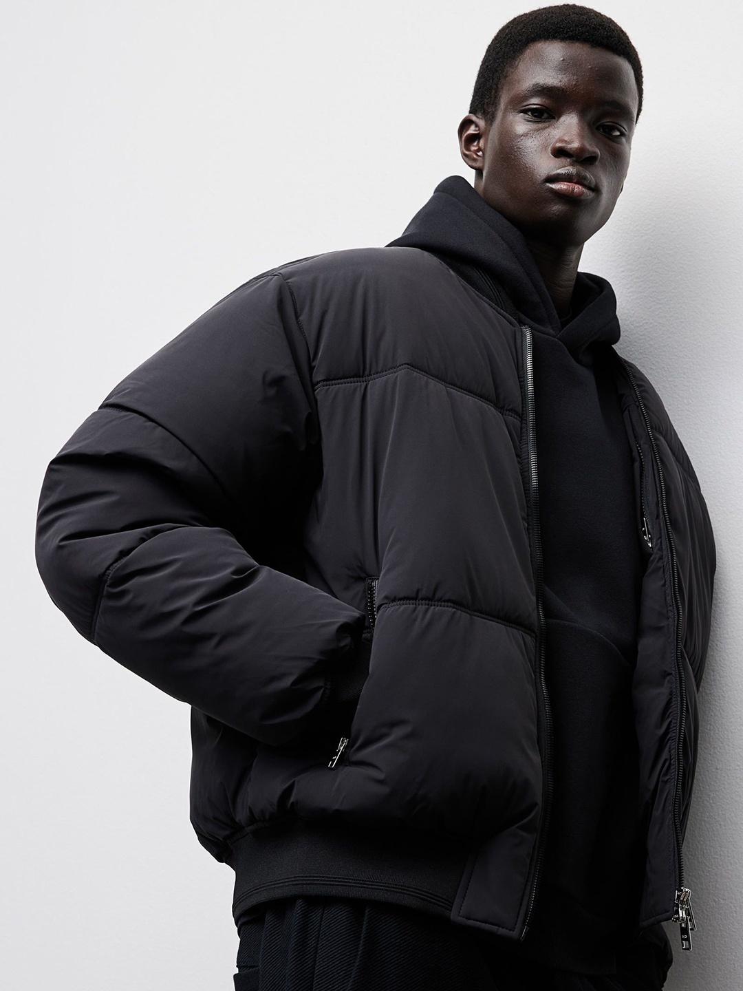 

H&M Loose Fit Padded Bomber Jacket, Black