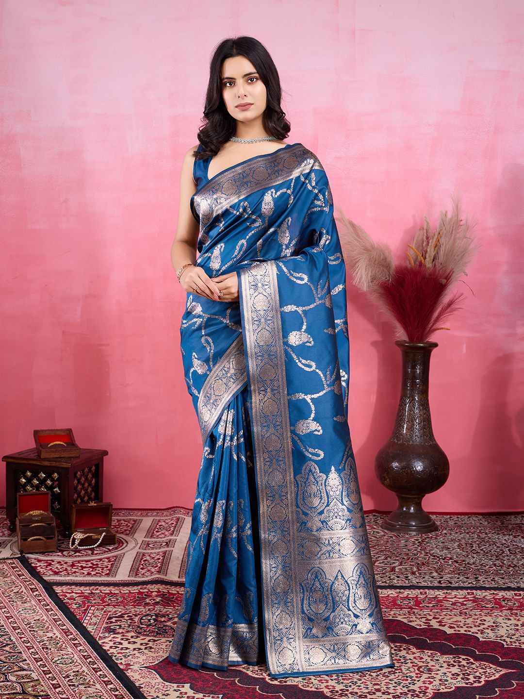 

Mitera Women Woven Design Zari Pure Silk Banarasi Saree With Blouse Piece, Blue