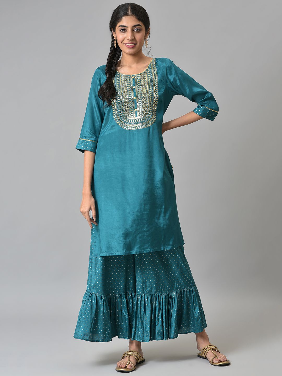 

AURELIA Women Regular Kurta with Sharara, Green