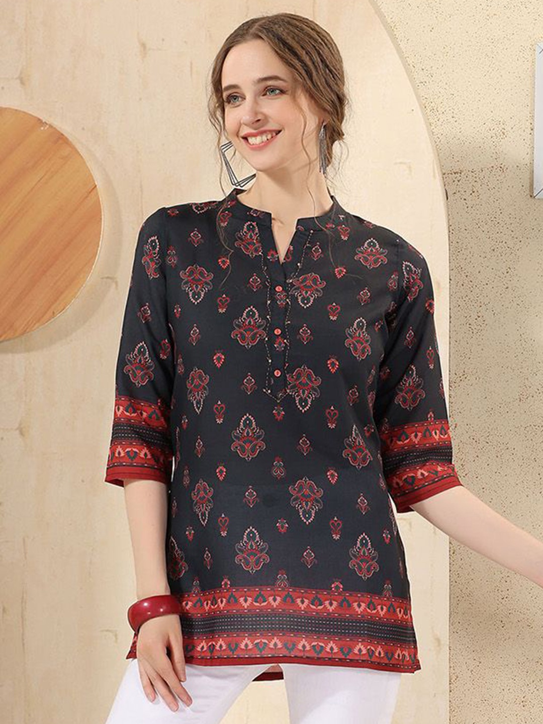 

KALINI Women Ethnic Motifs Printed Mandarin Collar Kurti, Black