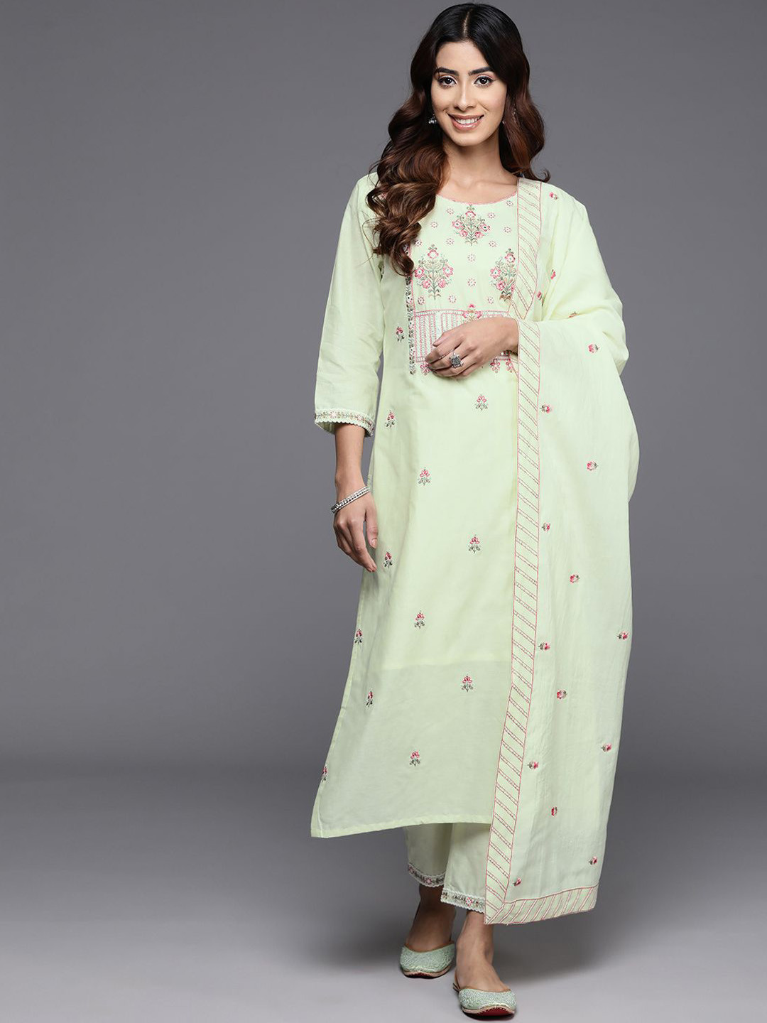 

KALINI Women Floral Embroidered Regular Thread Work Pure Cotton Kurta with Trousers & With Dupatta, Green