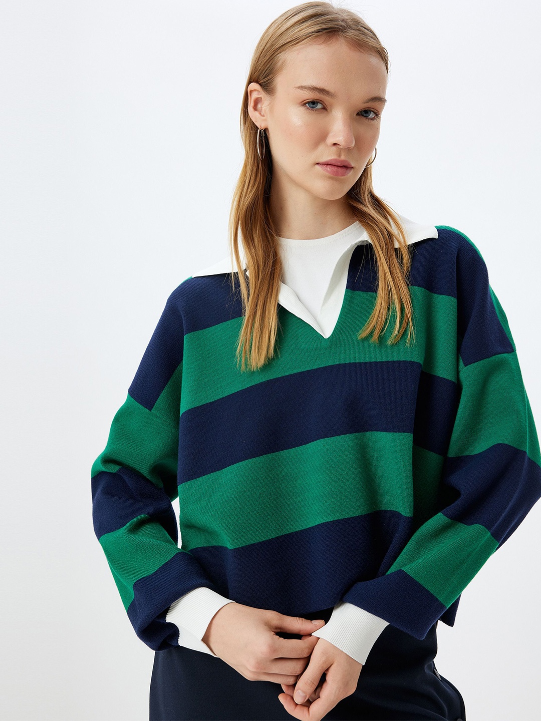 

Koton Women Striped Polo Collar Long Sleeves Pullover Sweaters, Green