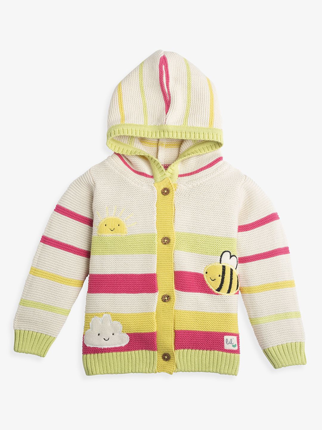 

Ed-a-Mamma Baby Girls Cotton Colourblocked Hooded Cardigan Sweater, Off white