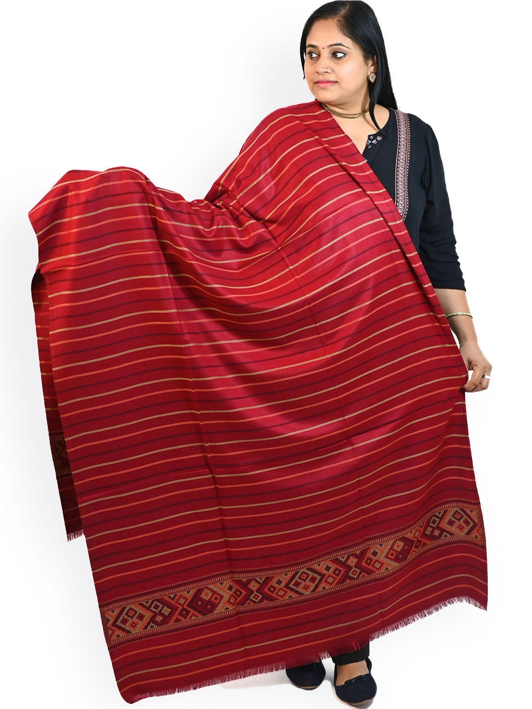 

Vrinde Women Striped Printed Shawl, Red
