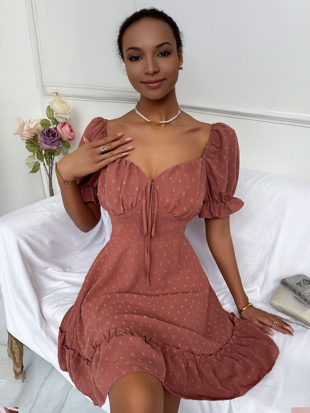 

StyleCast Women Sweetheart Neck Puff Sleeves Fit & Flare Dress, Nude