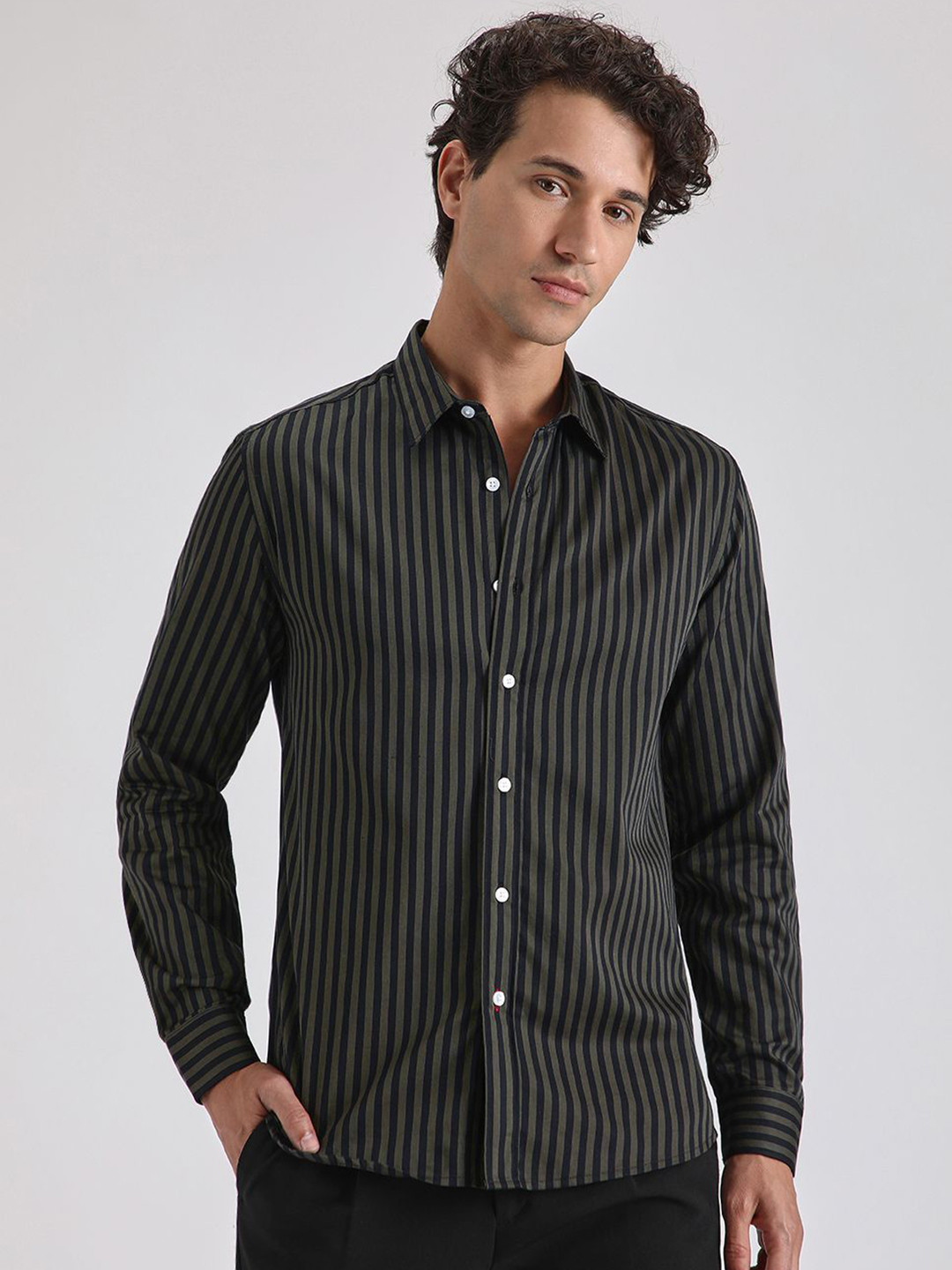 

Banana Club Men Classic Slim Fit Opaque Striped Casual Shirt, Olive