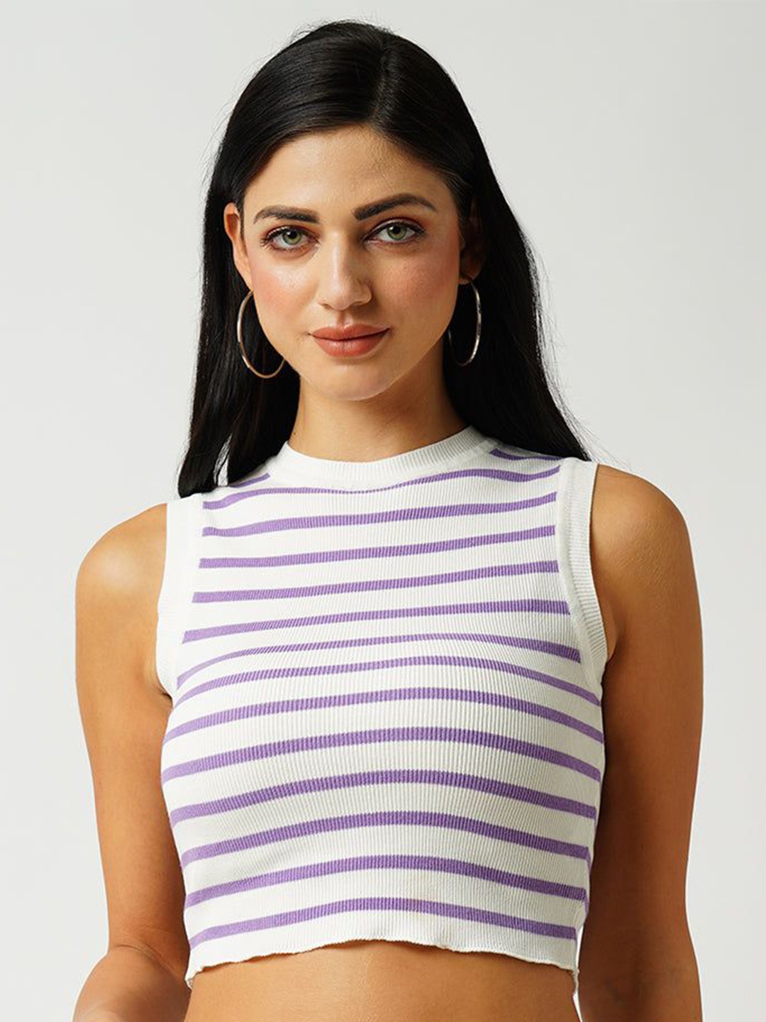 

Kraus Jeans Women Striped Crop Fitted Top, White