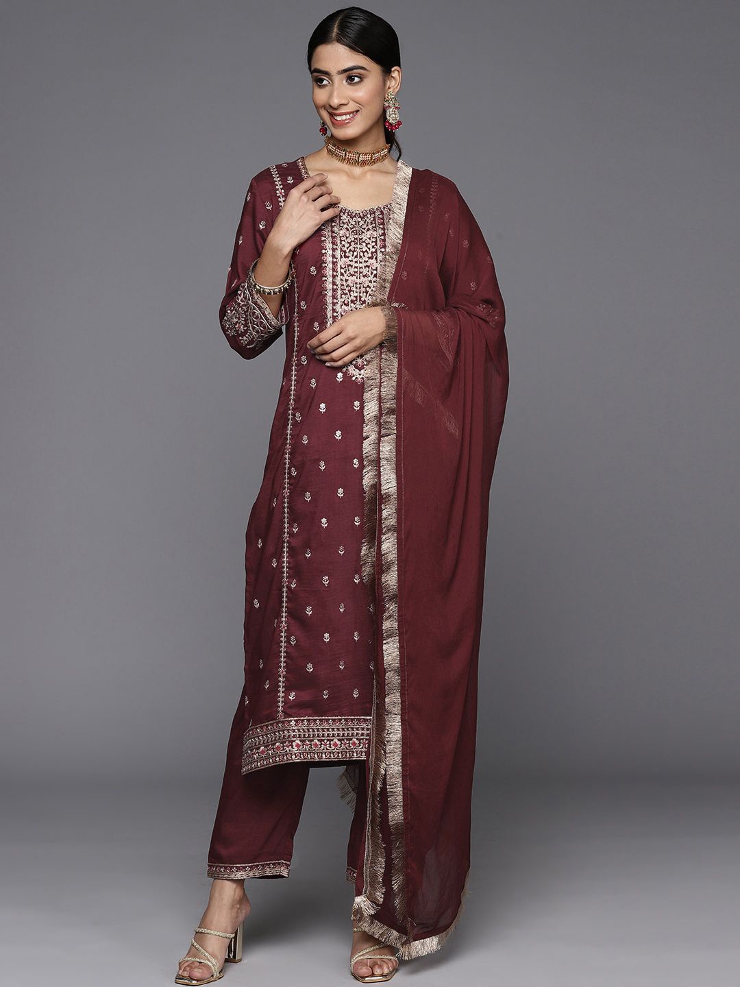 

KALINI Women Ethnic Motifs Embroidered Regular Kurta with Trousers & With Dupatta, Maroon