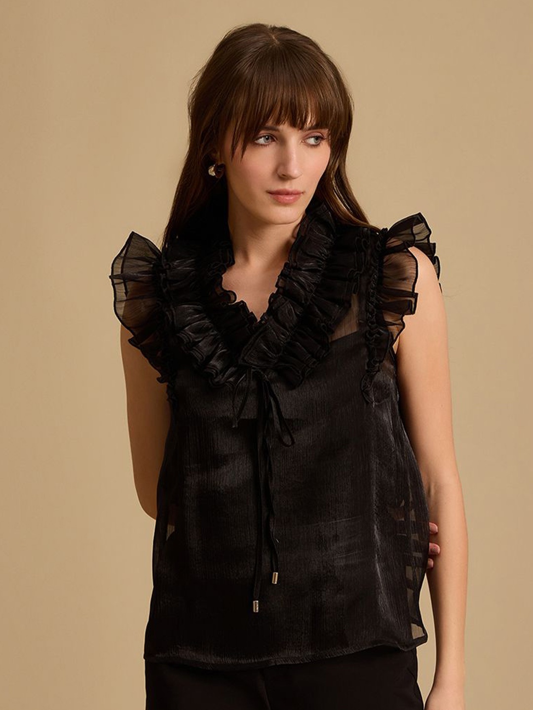 

Kazo Women V-Neck Flutter Sleeves Top, Black