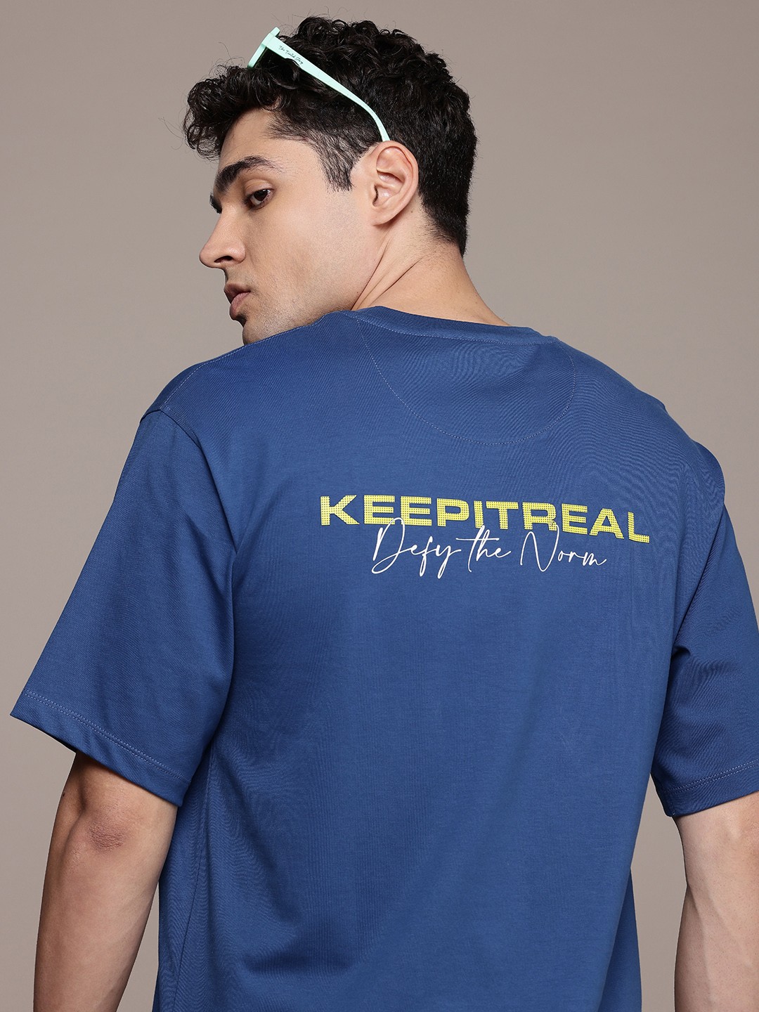 

FCUK Pure Cotton Typography Printed Drop-Shoulder Sleeves Oversized T-shirt, Blue