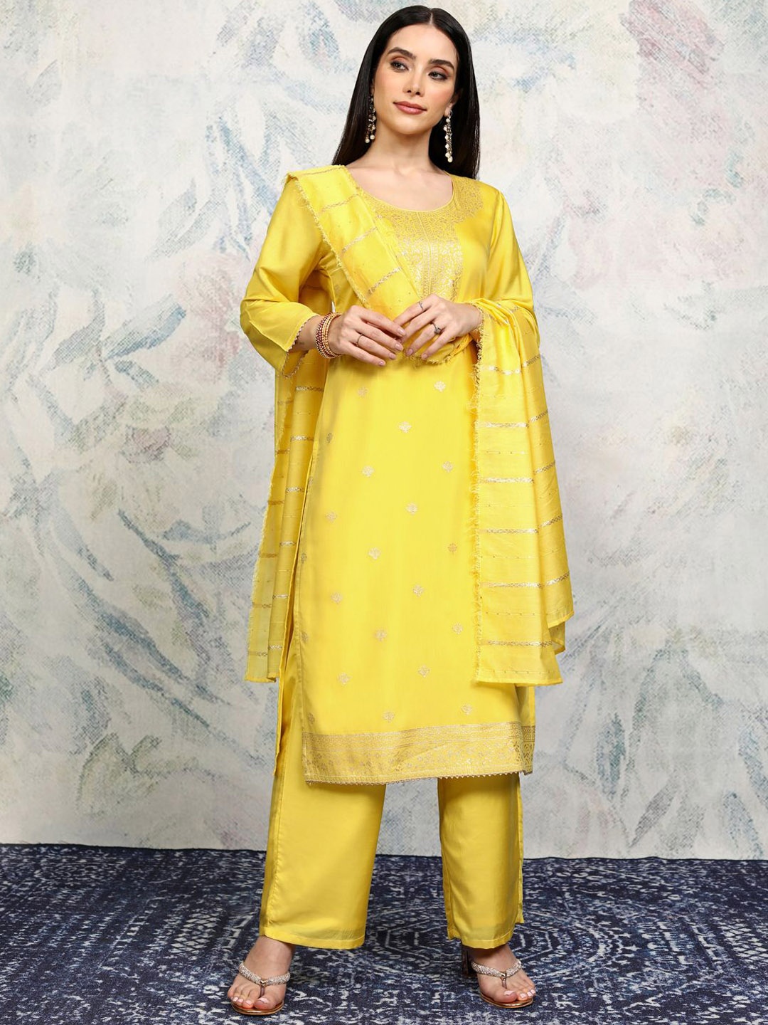 

Vishudh Women Ethnic Motifs Regular Kurta with Trousers & With Dupatta, Yellow