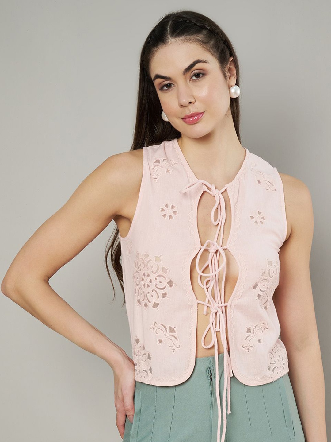 

Amagyaa Women Embroidered Crop Tie-Up Shrug, Pink