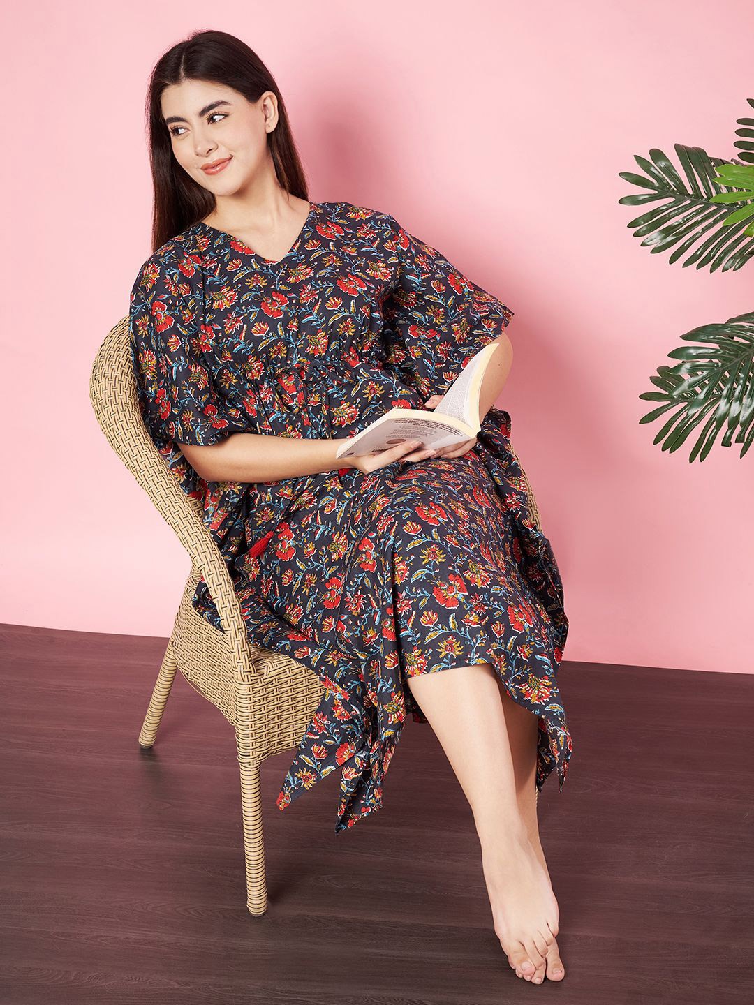 

HERE&NOW Women Everyday Floral Printed Pure Cotton Kaftan Nightdress, Black