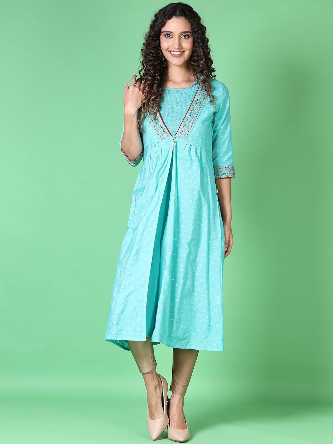 

V-Mart Women Printed Thread Work Kurta, Green