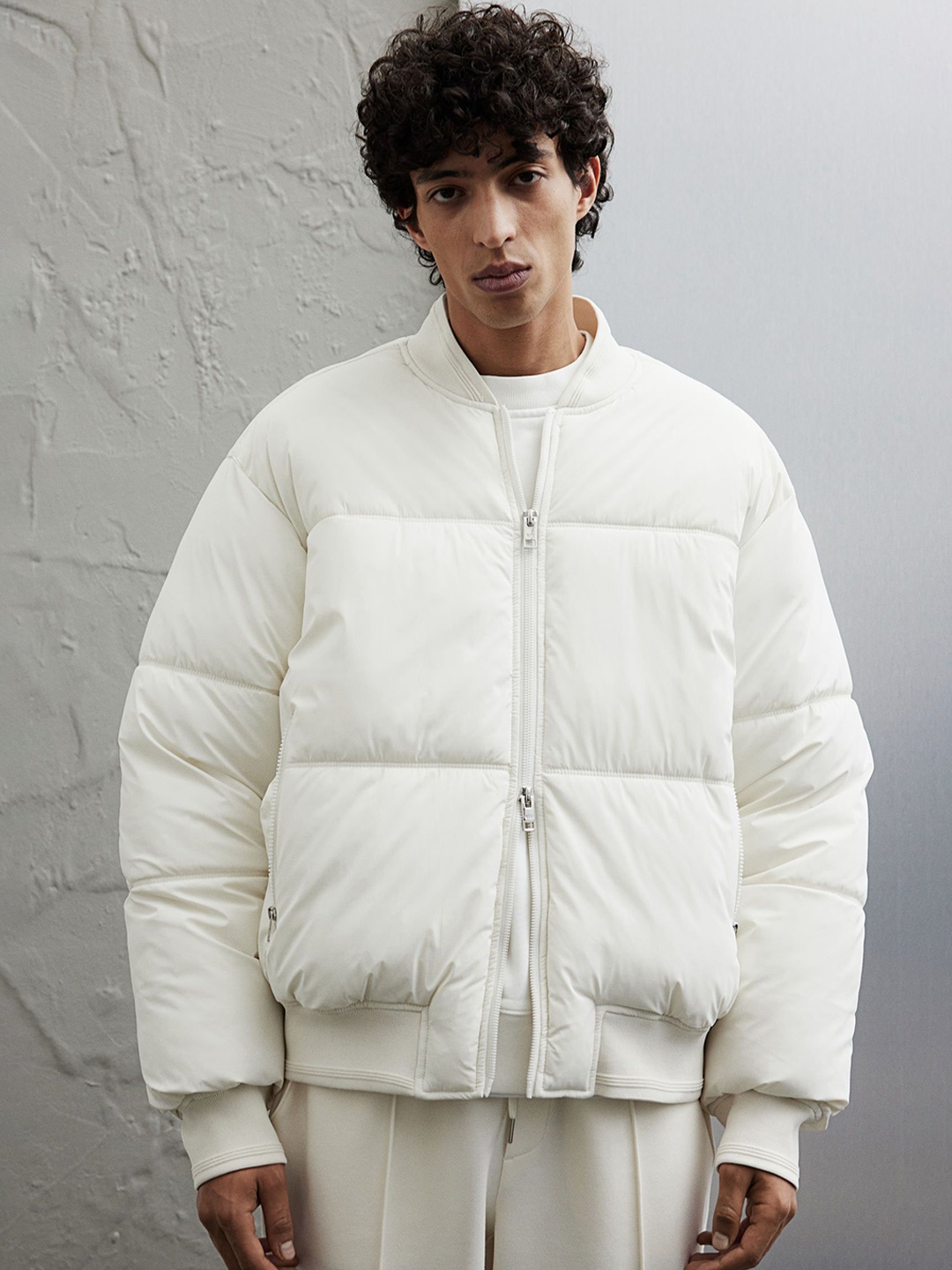 

H&M Loose Fit Padded Bomber Jacket, White