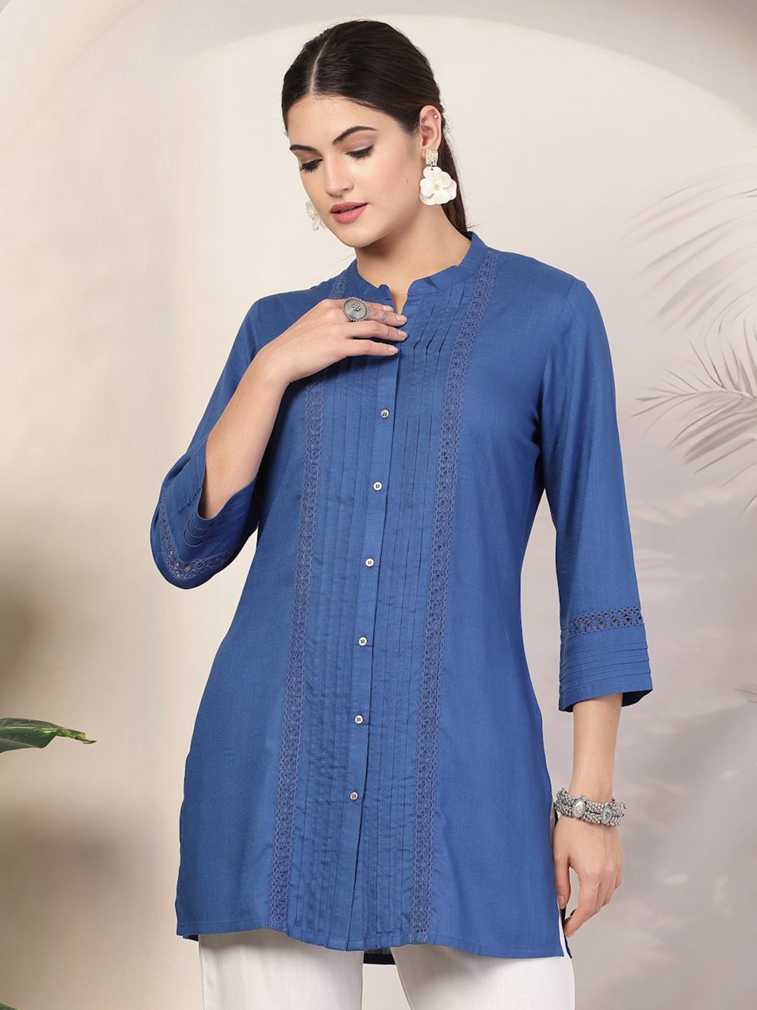 

Nayam By Lakshita Women Mandarin Collar Straight Kurti, Blue